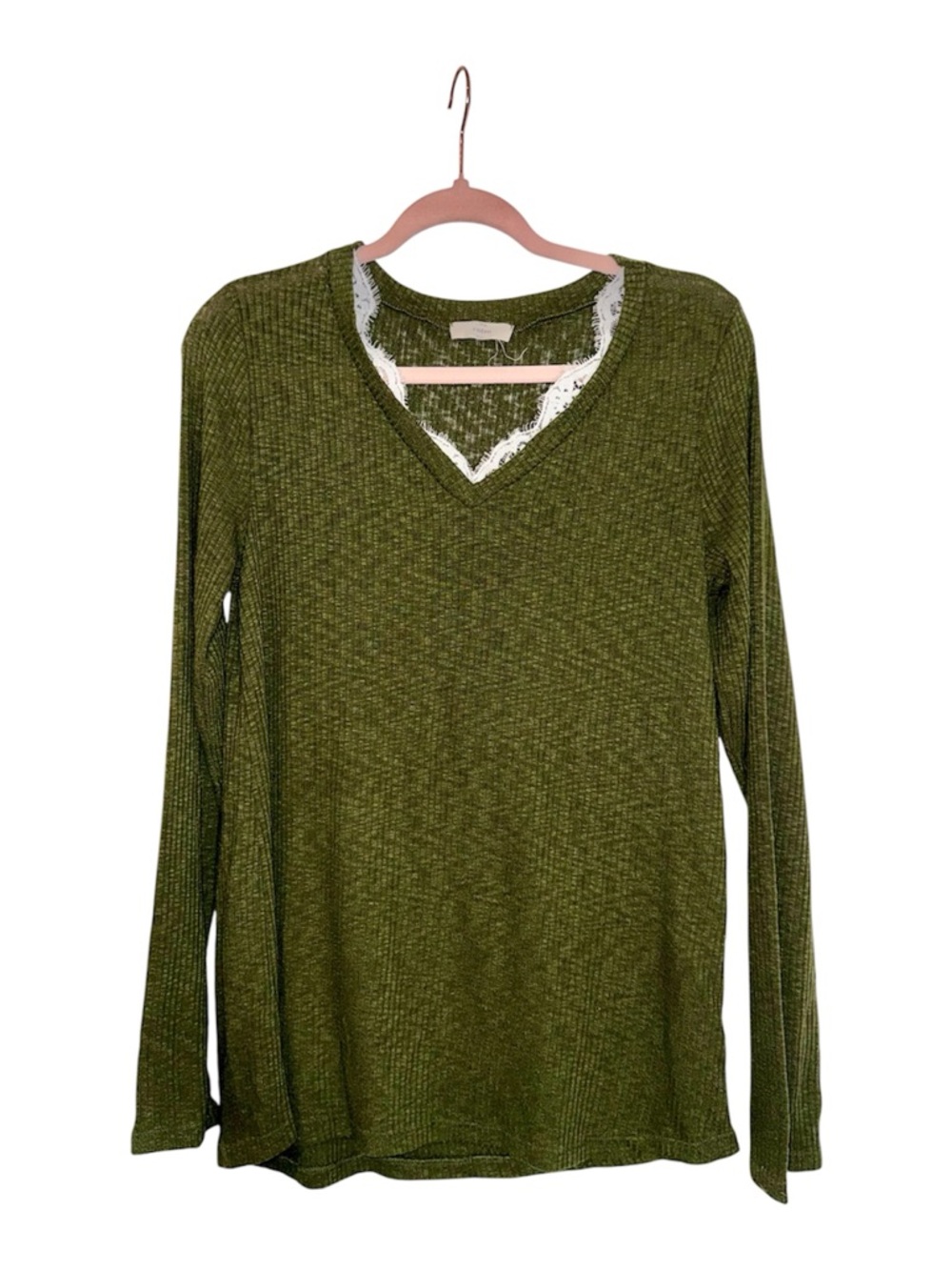 Olive green, long-sleeve, vneck top with ivory lace accents on the chest, SMALL!